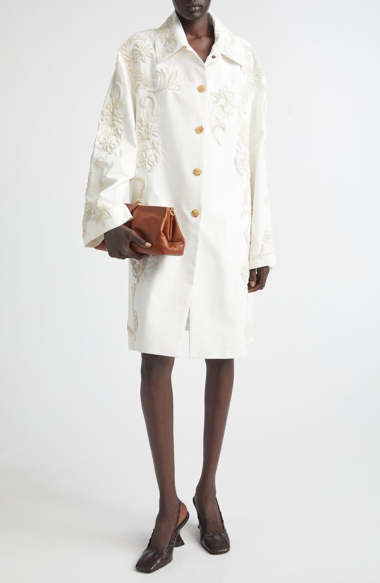 Dries Van Noten Embroidered Cotton A-Line Coat, Alternate, color, Off White
