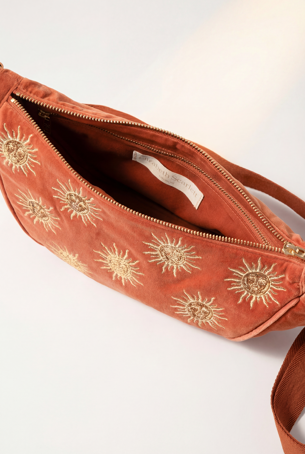 Elizabeth Scarlett Sun Goddess Velvet Crossbody, Alternate, color, Rust