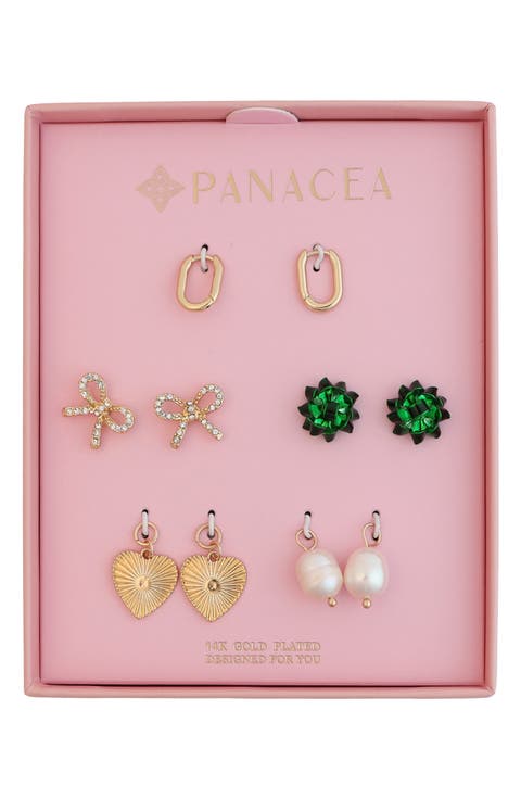 Set of 5 Bow Stud & Interchangeable Charm Huggie Hoop Earrings