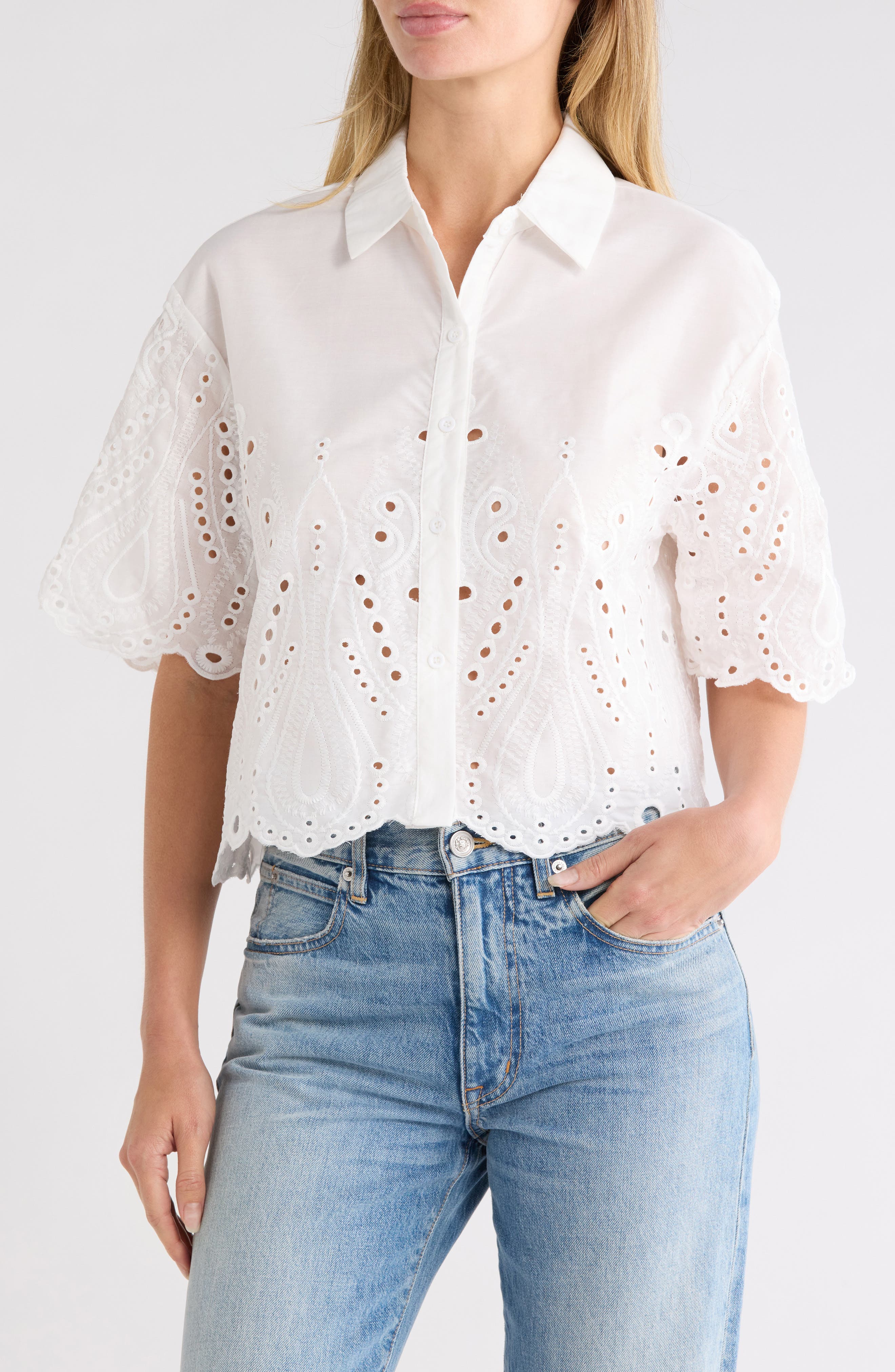 Eyelet Button-Front Crop Top