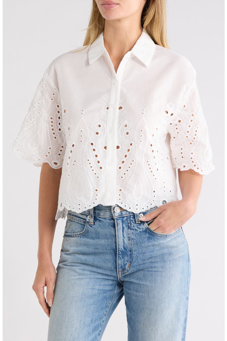 Eyelet Button-Front Crop Top, Main, color, WHITE/ NAVY