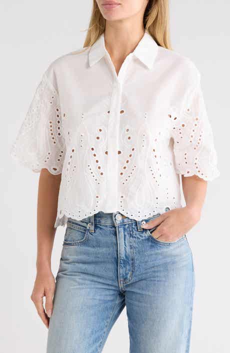 Eyelet Button-Front Crop Top