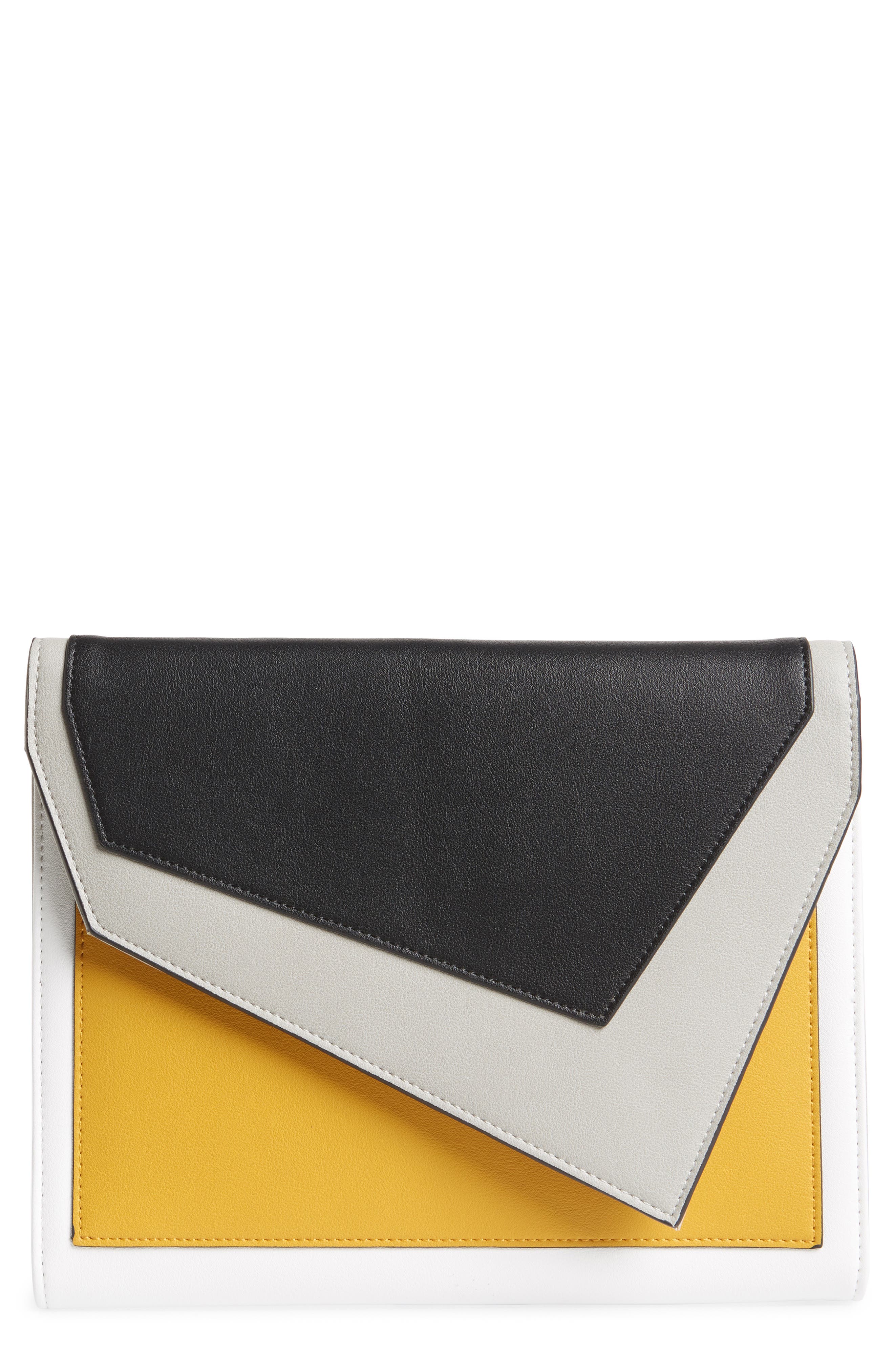 Colorblock Faux Leather Envelope Clutch, Main, color, YELLOW MULTI