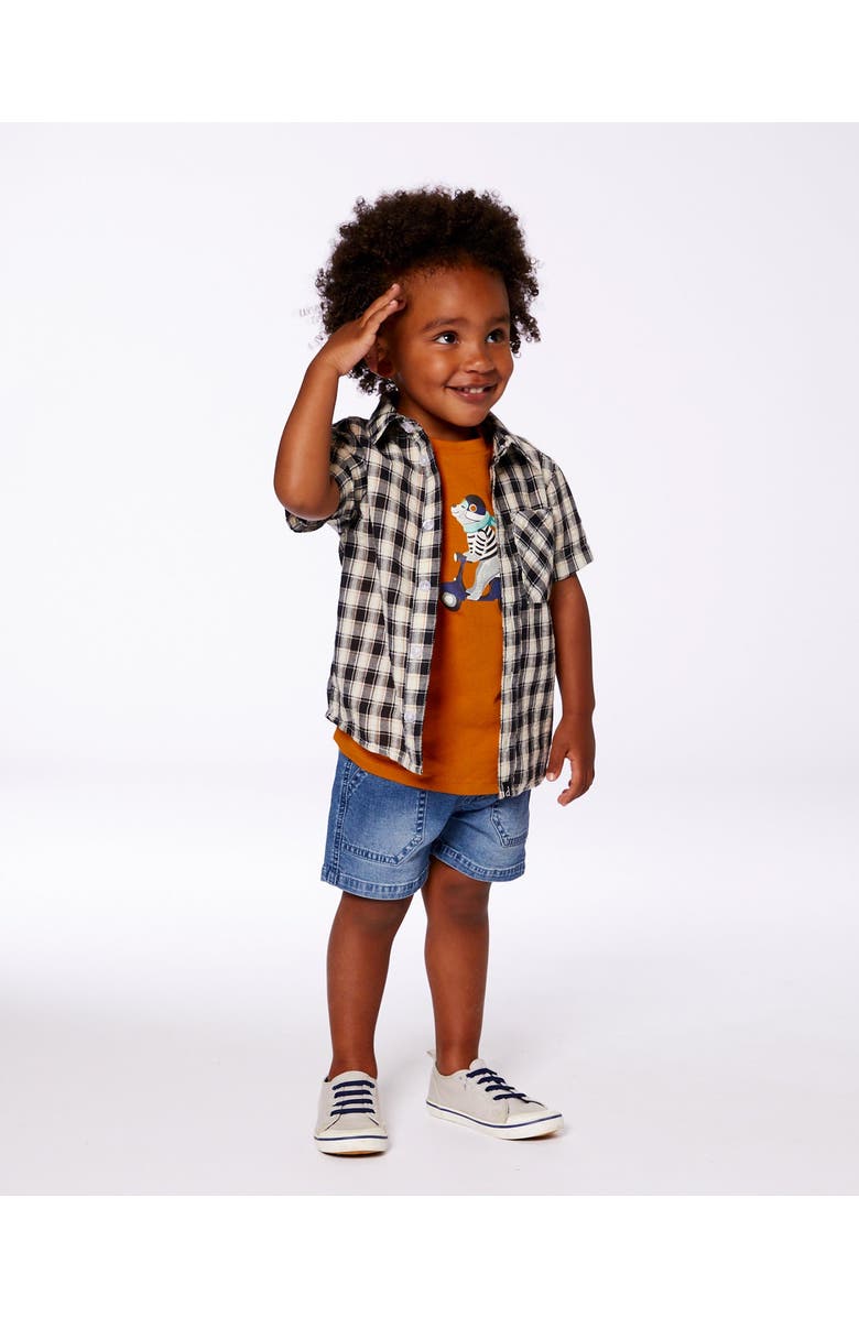 Deux par Deux Boy's Short Sleeve Button Down Shirt Black And Beige Plaid, Alternate, color, 