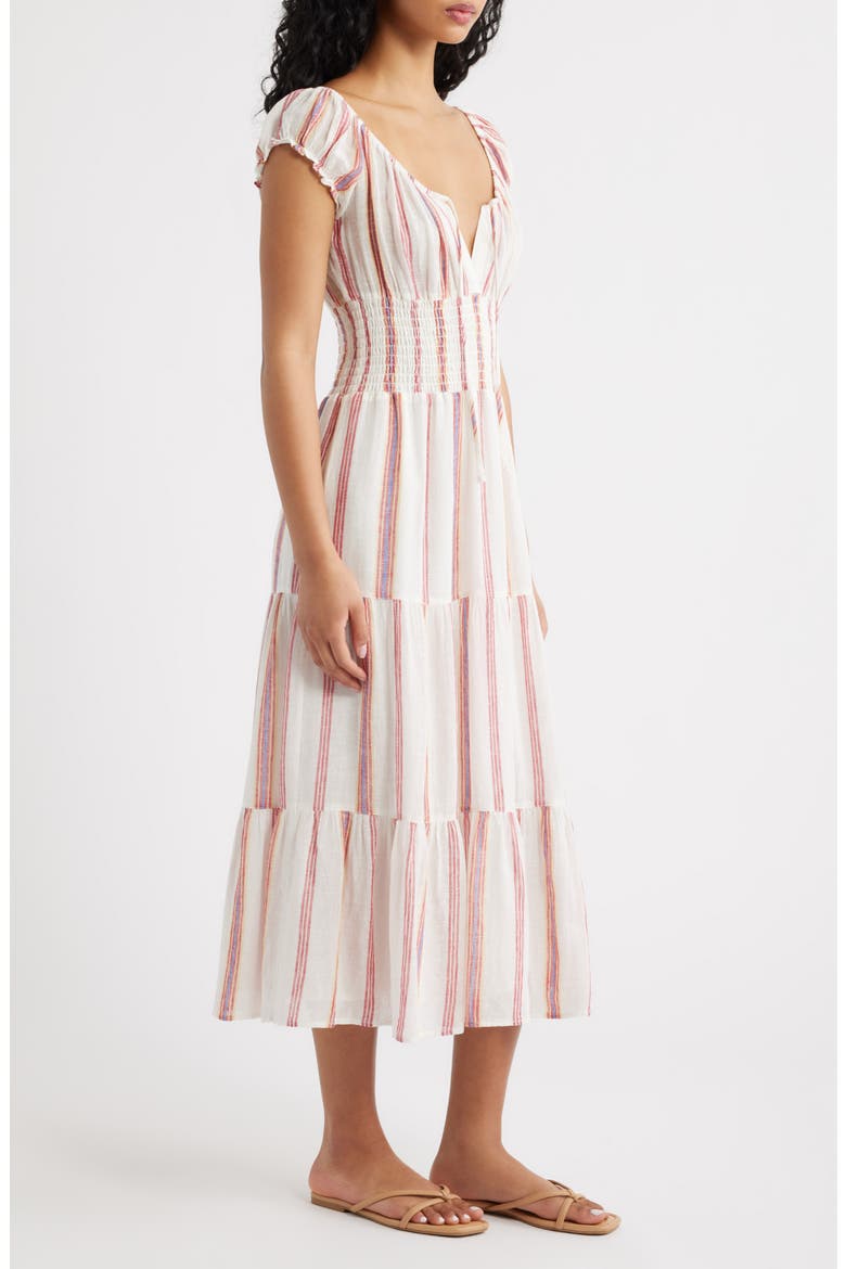 x Giadzy Daria Stripe Smocked Waist Linen Blend Dress, Alternate, color, PRIMAVERA STRIPE