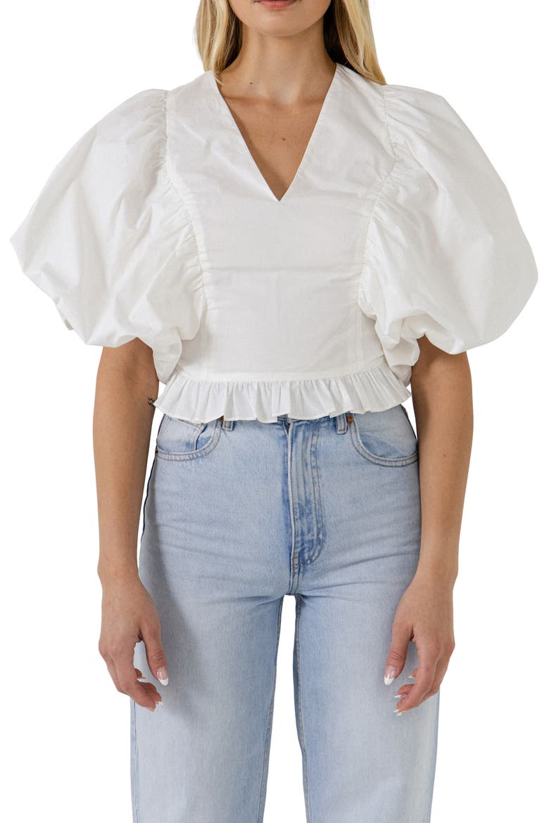 Puff Sleeve Cotton Crop Top, Alternate, color, WHITE