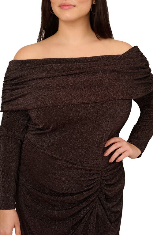 Adrianna Papell Metalllic Knit Off The Shoulder Long Sleeve Gown In Brown