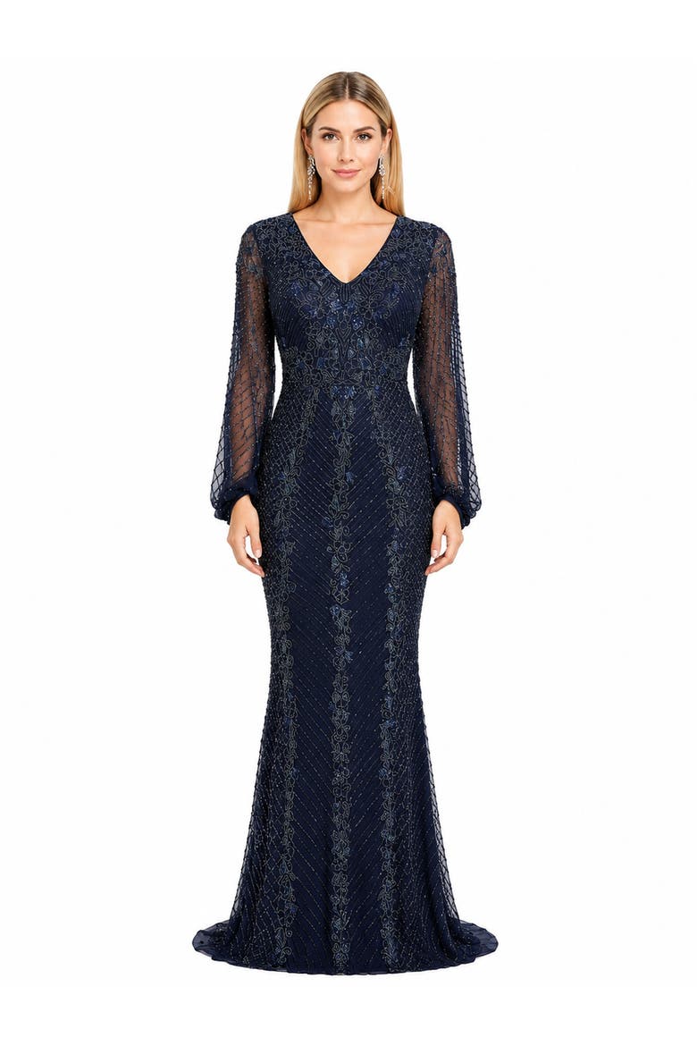 Beaded Faux-Wrap V-Neck Bridal Gown, Main, color, Navy