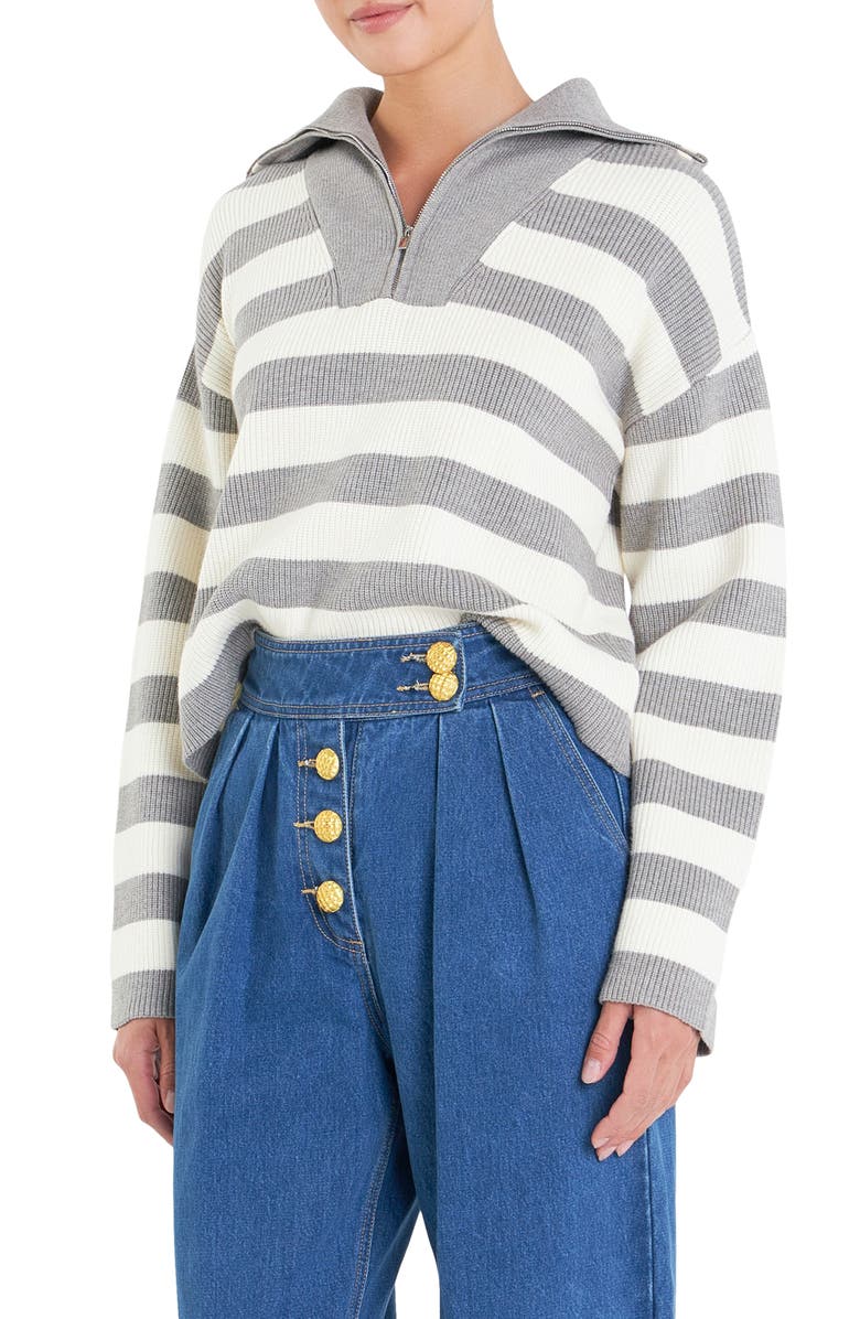 English Factory Stripe Half Zip Crop Sweater, Alternate, color, Grey/ Ivory