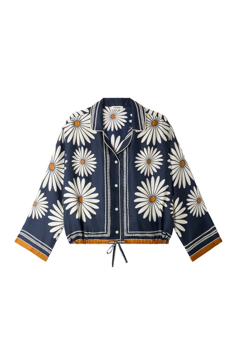 SANDRO Floral print silk shirt, Alternate, color, Deep Blue / Ocher