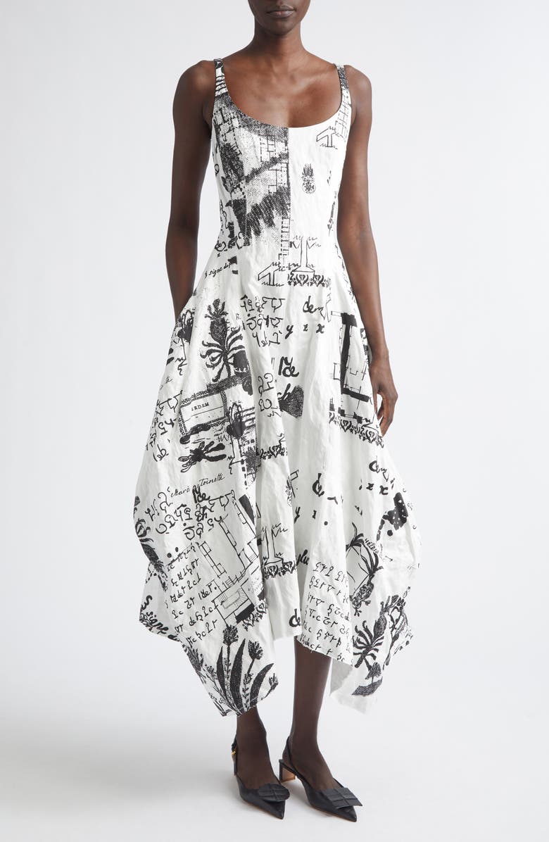 Erdem Print Crushed Cotton Blend Dress, Main, color, Helene Smith Print White