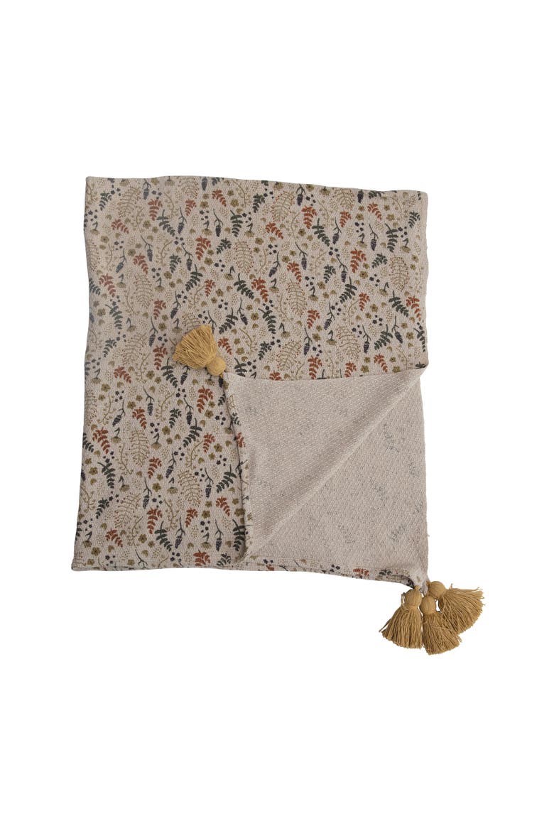 Soft Woven Reclaimed Cotton Blend Printed Throw with Floral Pattern and Tassels, Multicolor, Main, color, Beige