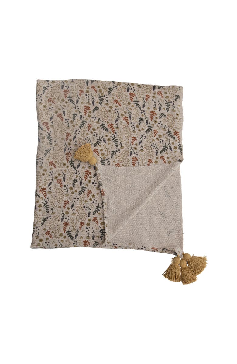 Storied Home Soft Woven Reclaimed Cotton Blend Printed Throw with Floral Pattern and Tassels, Multicolor, Main, color, 