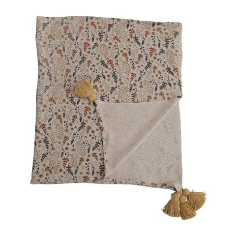 Soft Woven Reclaimed Cotton Blend Printed Throw with Floral Pattern and Tassels, Multicolor