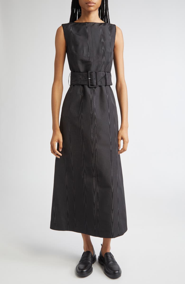 Thom Browne Bateau Neck Silk Moiré Belted Dress, Main, color, Black