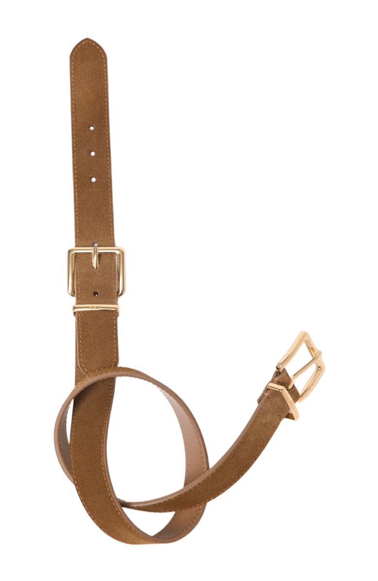 maje Double buckle suede belt, Alternate, color, Camel