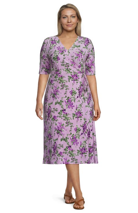 Silky Knit Elbow Sleeve Wrap Midi Dress