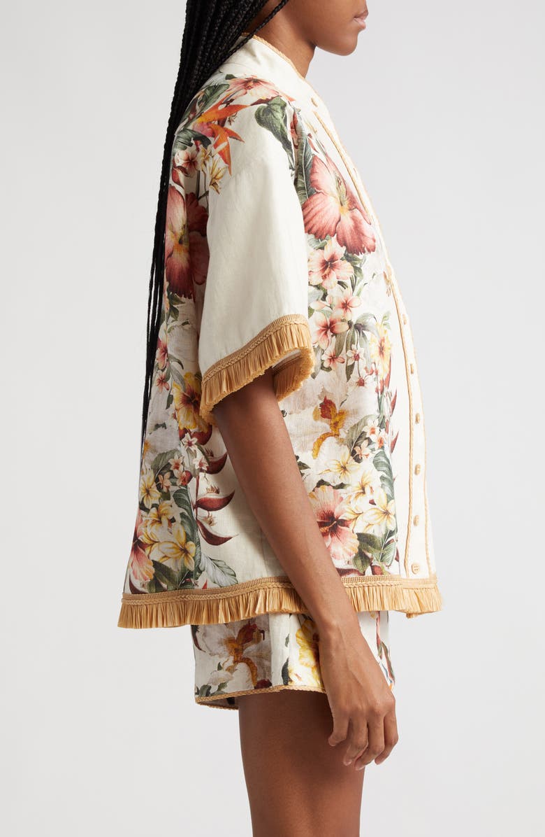 Zimmermann Lexi Tropical Floral Raffia Trim Button-Up Shirt, Alternate, color,