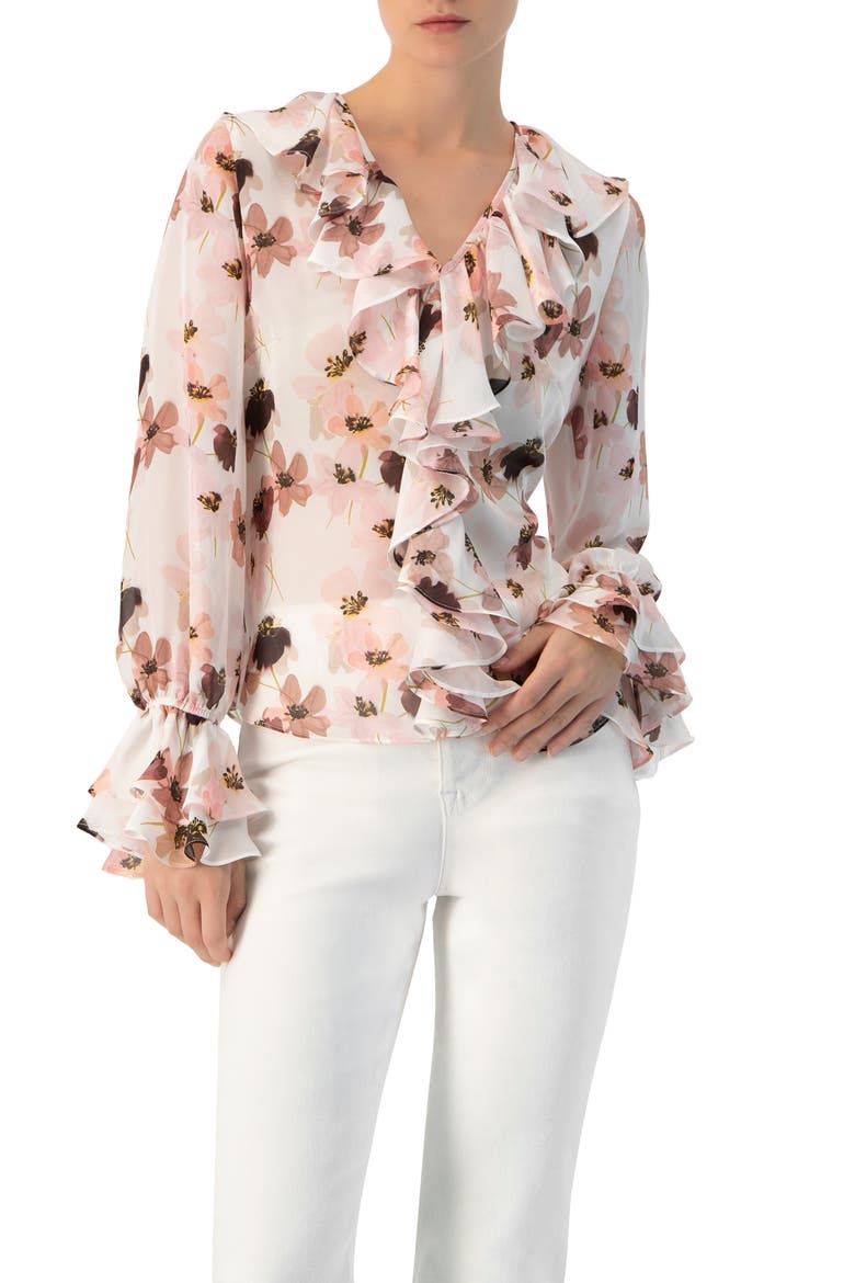 Floral V-Neck Blouse with Ruffle Detail, Main, color, Multicolor