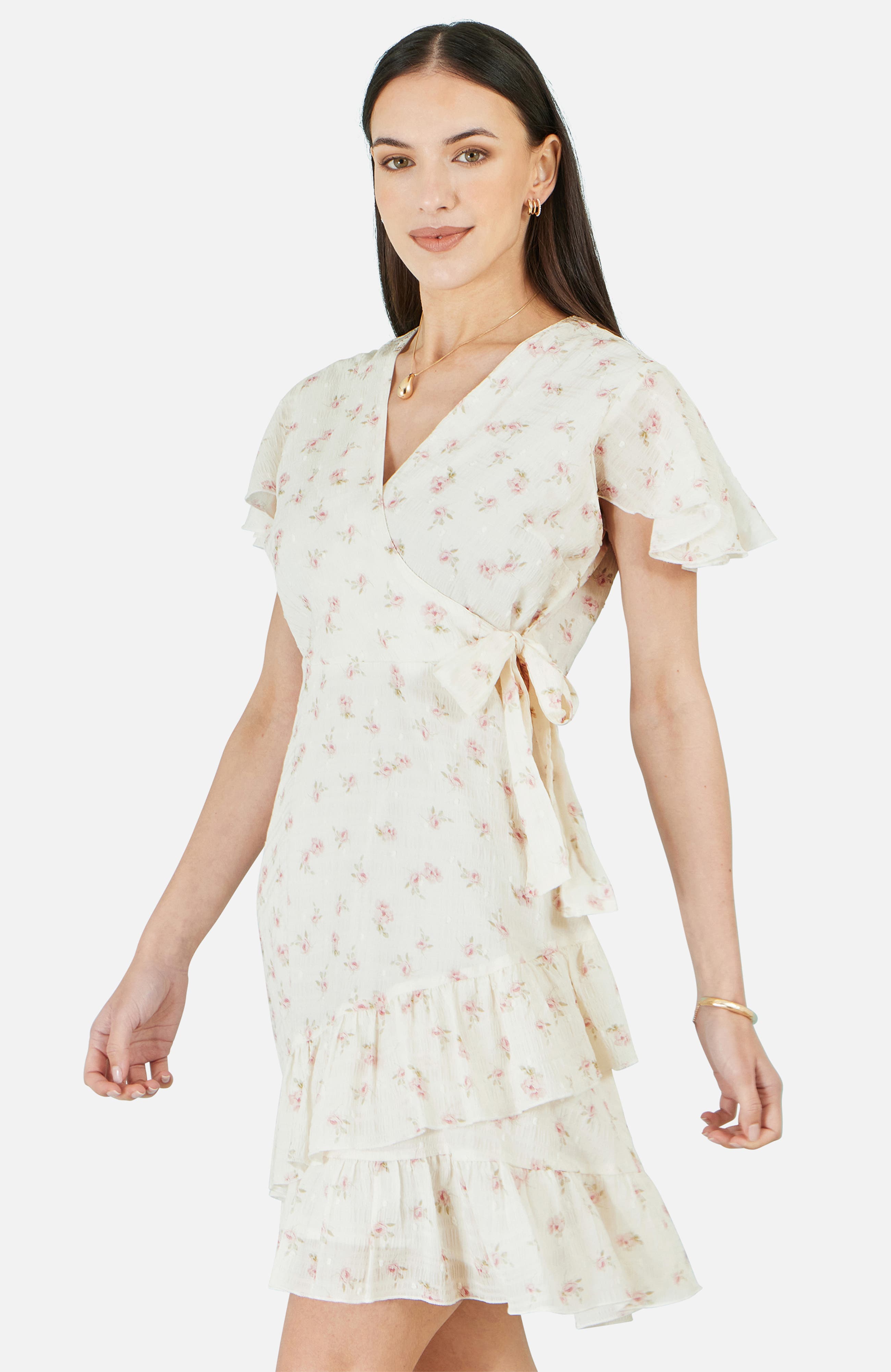 Rose Print Wrap Over Frill Dress - image 2