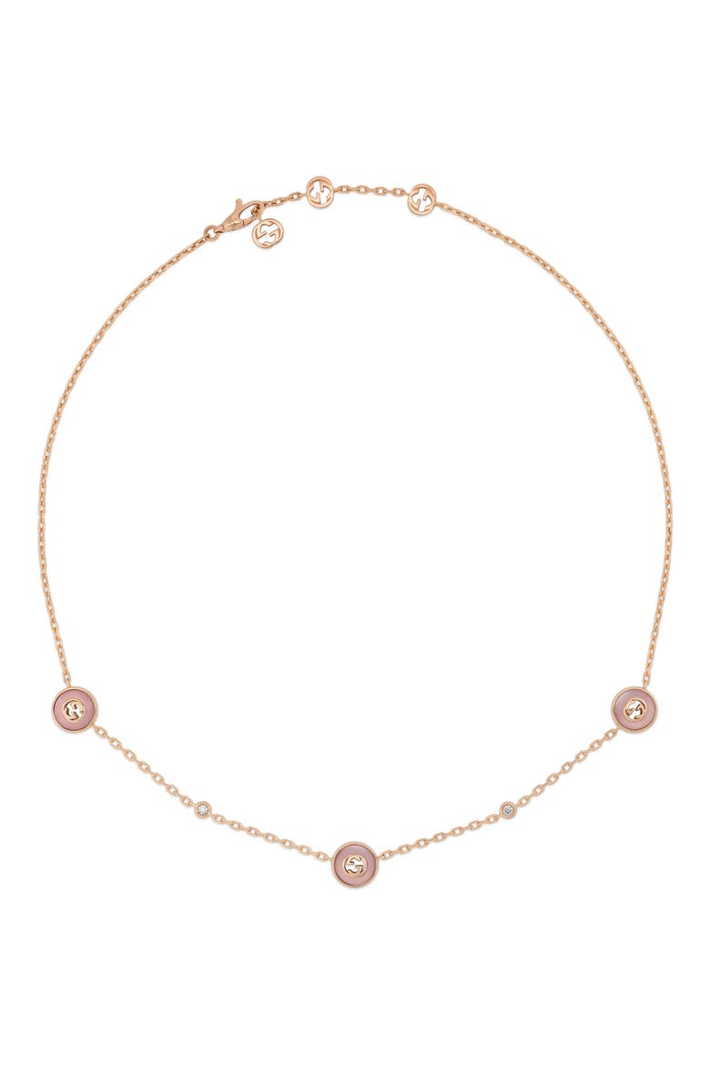 Interlocking-G Diamond & Pink Opal Station Necklace, Alternate, color, PINK/ ROSE GOLD