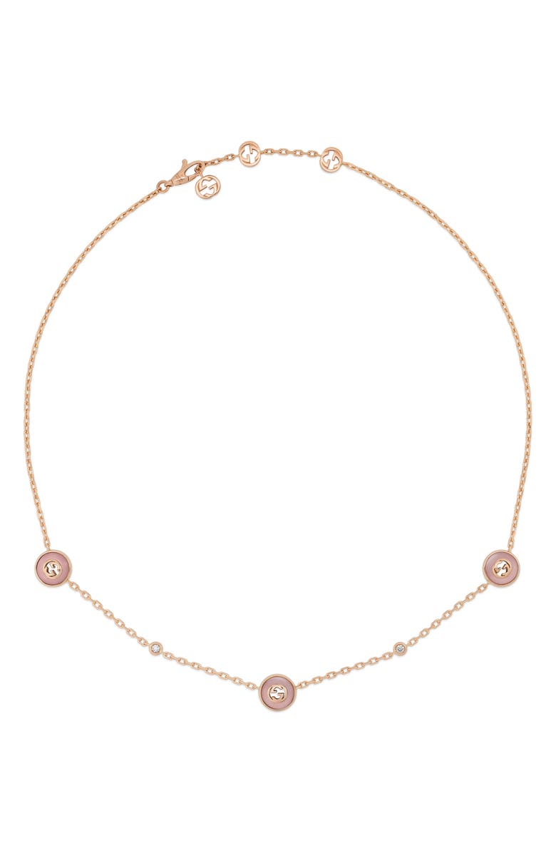 Gucci Interlocking-G Diamond & Pink Opal Station Necklace, Alternate, color, Pink/ Rose Gold