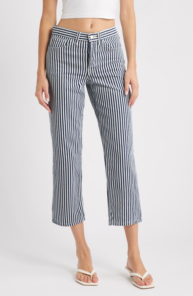 Topshop Stripe Crop Straight Leg Cotton Pants, Main, color, Medium Blue