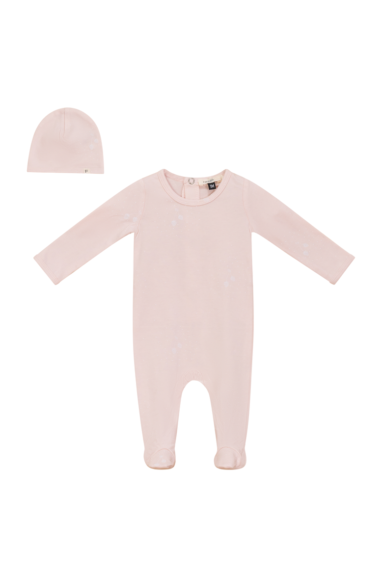 Allover Strawberry and Dot Print Romper with Hat Set, Main, color, Powder Pink