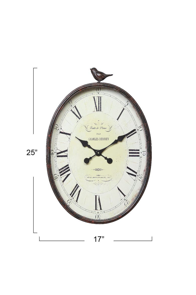 Oval Metal Wall Clock with Bird, Antique Bronze, Alternate, color, Bronze