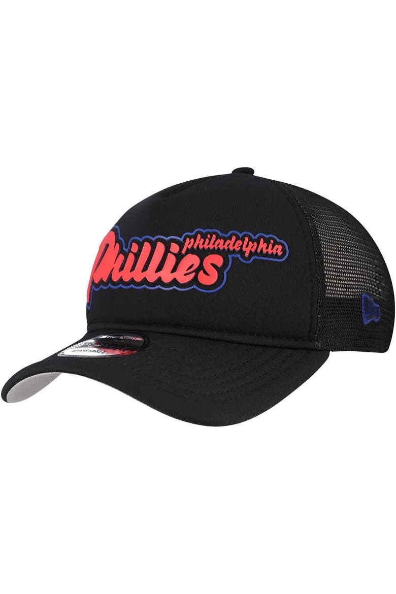 Men's New Era Black Philadelphia Phillies Retro Bold A-Frame Trucker 9FORTY Adjustable Hat, Main, color, Black