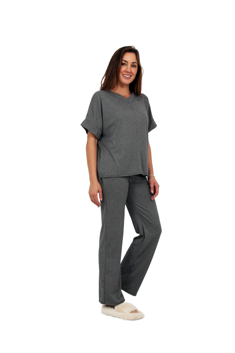 Womens Basic Ribbed Knit Dolman Sleeve V-Neck Top and Drawstring Wide Leg Pant Set, Alternate, color, Smoke