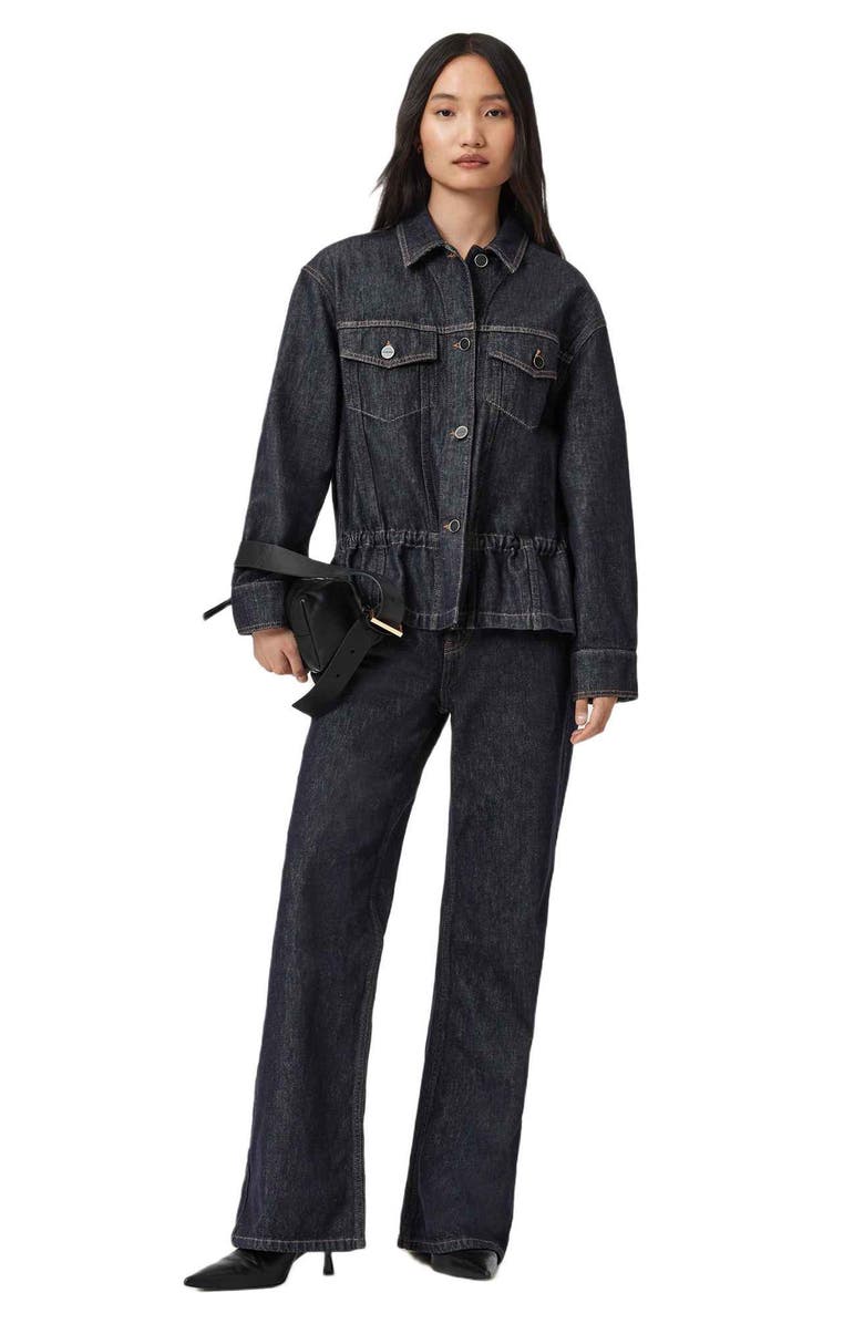 AllSaints Denby Peplum Trucker Jacket, Alternate, color, Raw Indigo Blue