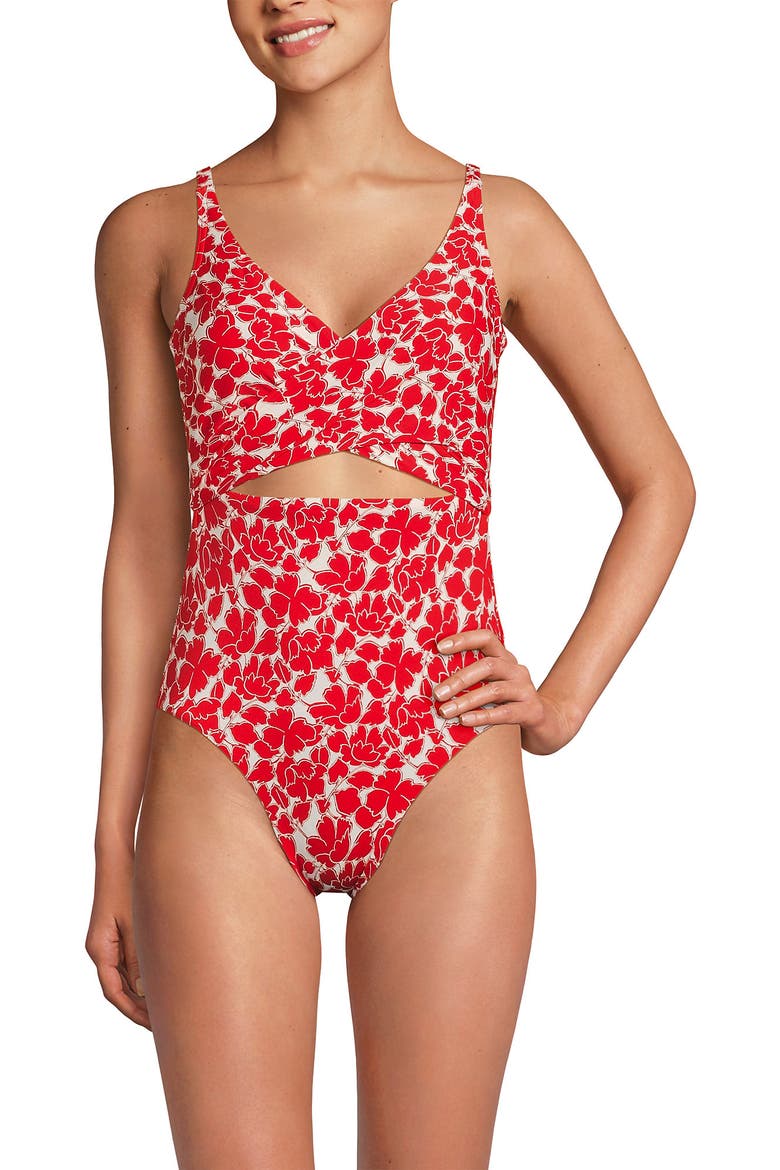Wrap Monokini High Leg One Piece Swimsuit, Main, color, Daylily Red Tossed Floral