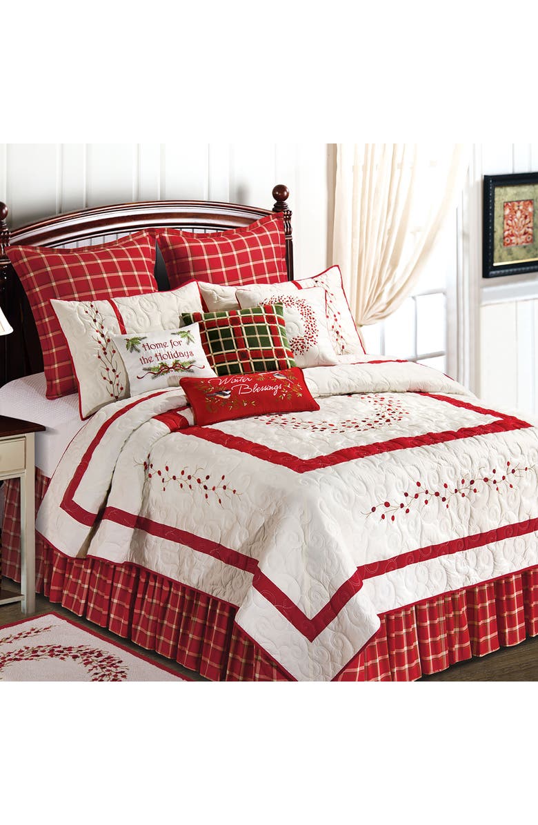 C&F Home 20" x 26" Christmas Berry Wreath Quilted Standard Pillow Sham, Alternate, color, Red