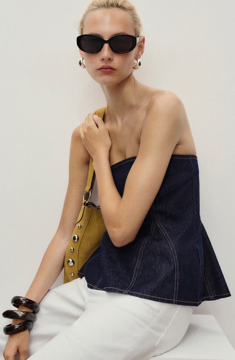 MANGO Strapless Denim Peplum Top, Alternate, color, Blue