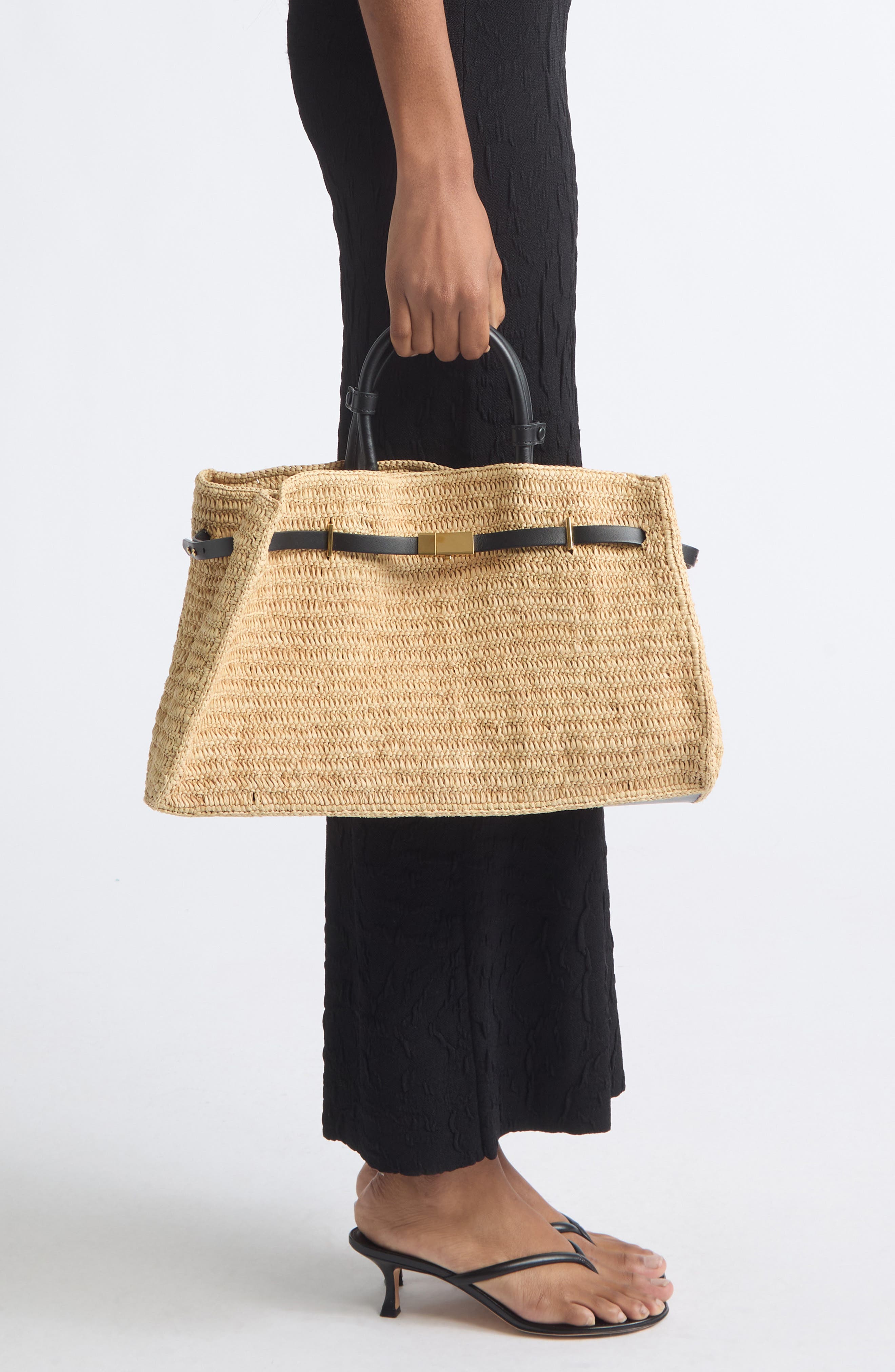 The Hudson Woven Raffia & Leather Top Handle Bag, Alternate, color, NATURAL/ BLACK
