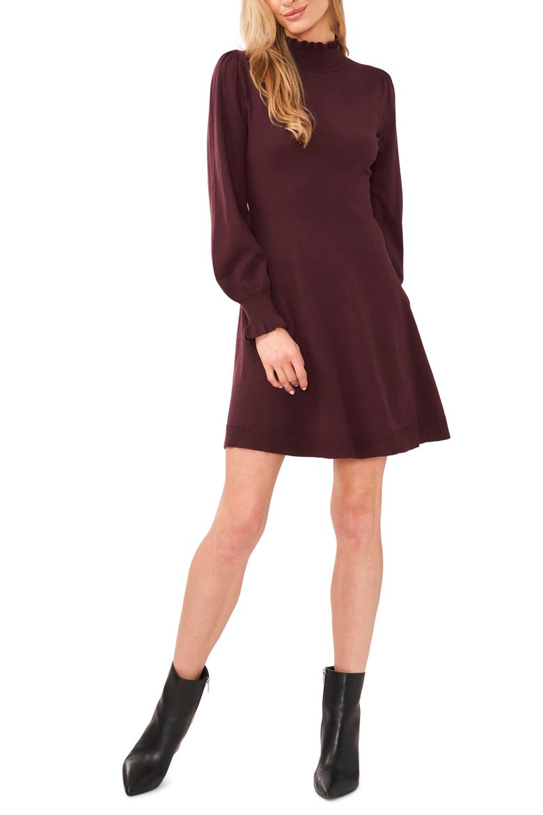 Mock Neck Long Sleeve Fit & Flare Sweater Dress, Main, color, DARK COCOA