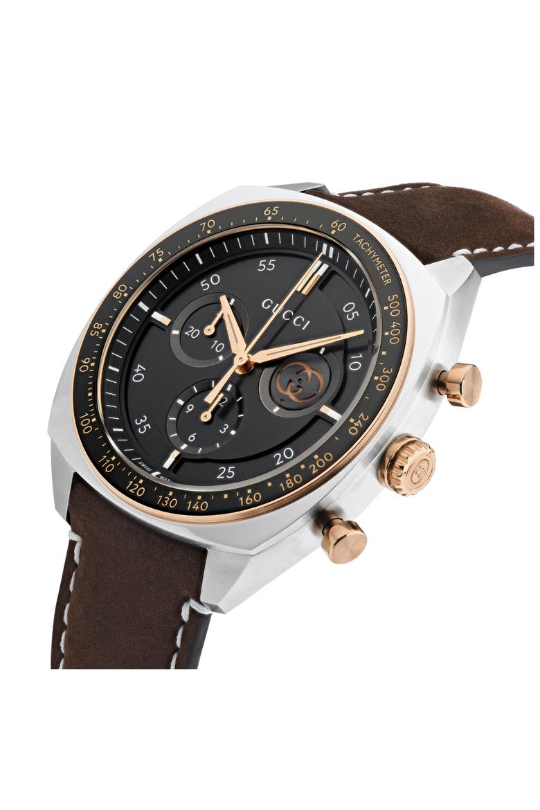 Interlocking Chronograph Leather Strap Watch, Alternate, color, BLACK/ BROWN