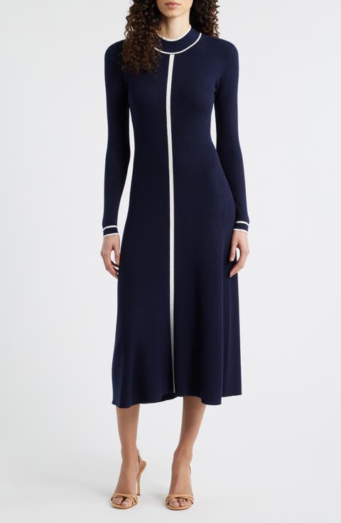 The Noemi Contrast Trim Long Sleeve Rib Midi Dress