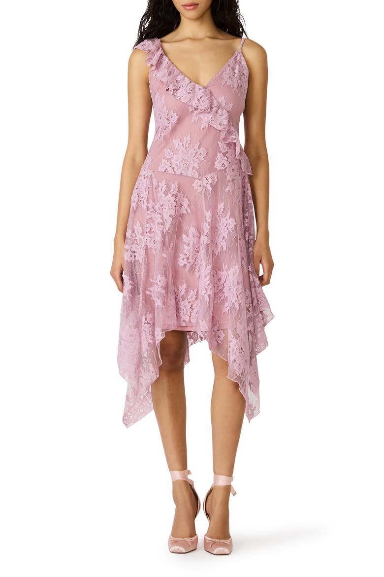Dariella Lace Ruffle Asymmetric Dress, Main, color, MAUVE SHADOWS