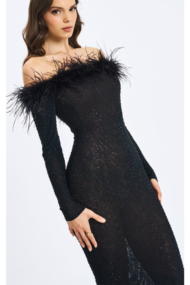 Emberly Fur Trimmed Off-Shoulder Rhinestone Mesh Mermaid Dress, Alternate, color, Black
