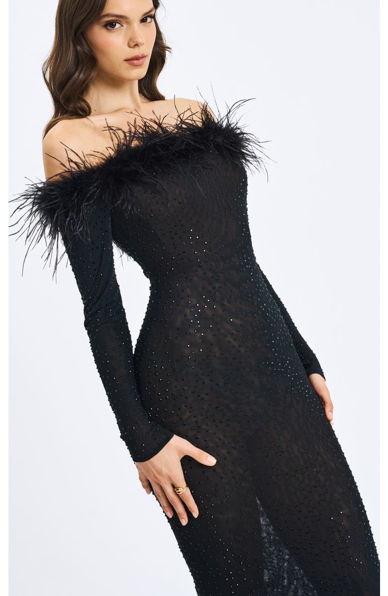 Miss Circle Emberly Fur Trimmed Off-Shoulder Rhinestone Mesh Mermaid Dress, Alternate, color, Black