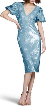 EMILY SHALANT Stretch Sequin Floral Cocktail Midi Dress
