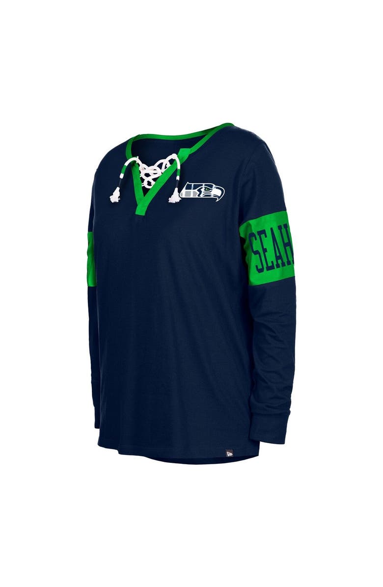 New Era Women's New Era College Navy Seattle Seahawks Lace-Up Notch Neck Long Sleeve T-Shirt, Alternate, color, Navy