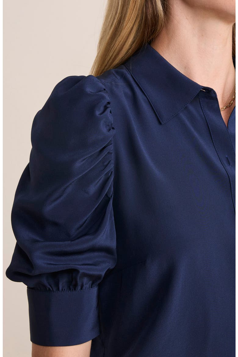 Puff Sleeve Silk Crêpe de Chine Button-Up Shirt, Alternate, color, NAUTICAL NAVY