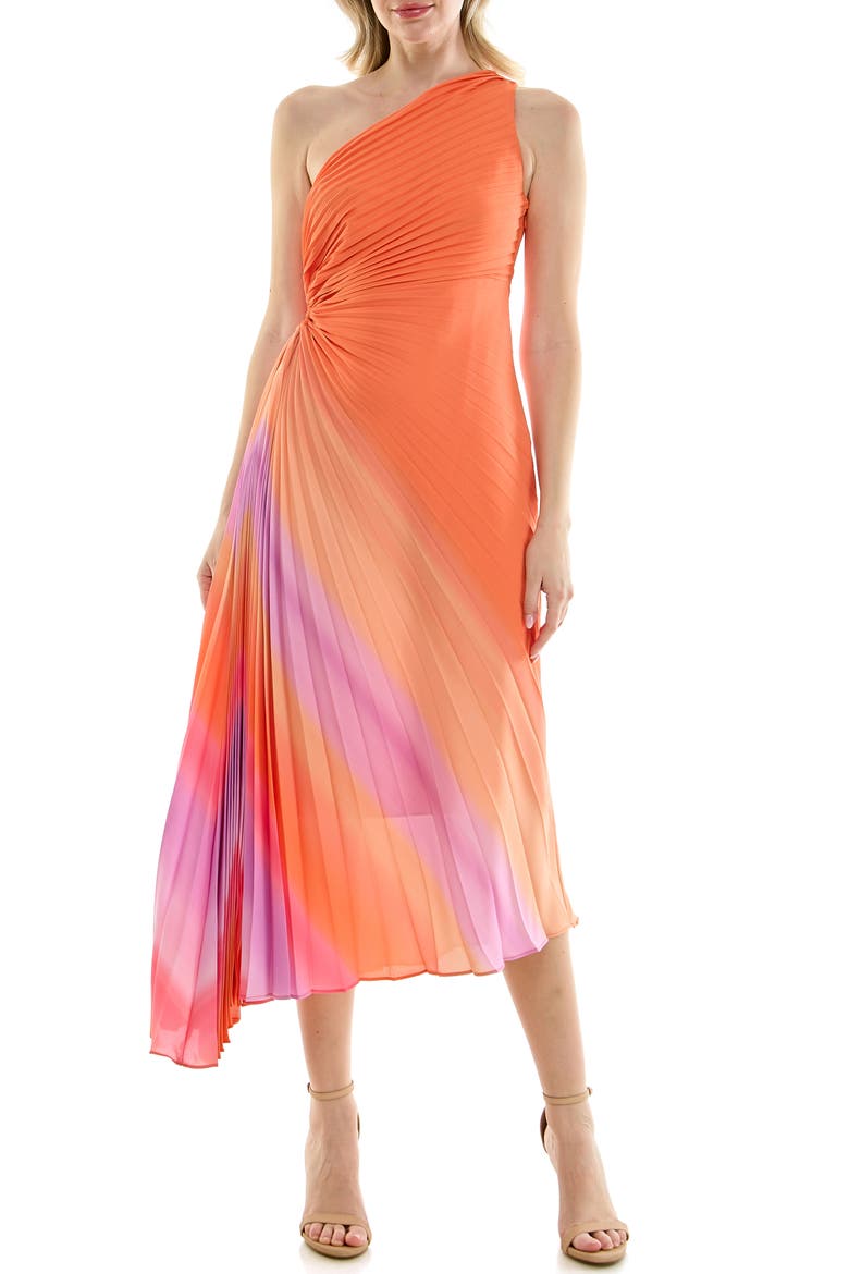 One-Shoulder Pleat Midi Dress, Main, color, SUMMER CITRUS
