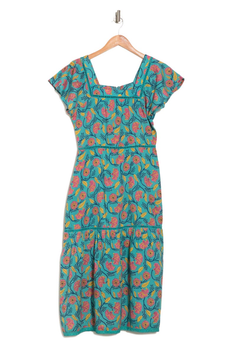 Lace Trimmed Square Neck Midi Dress, Alternate, color, SAGE/ PINK FLORAL