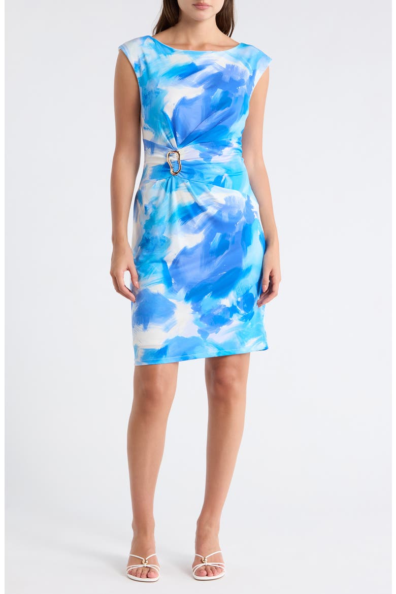 Bateau Neck Cap Sleeve Sheath Dress, Main, color, BLUE MULTI
