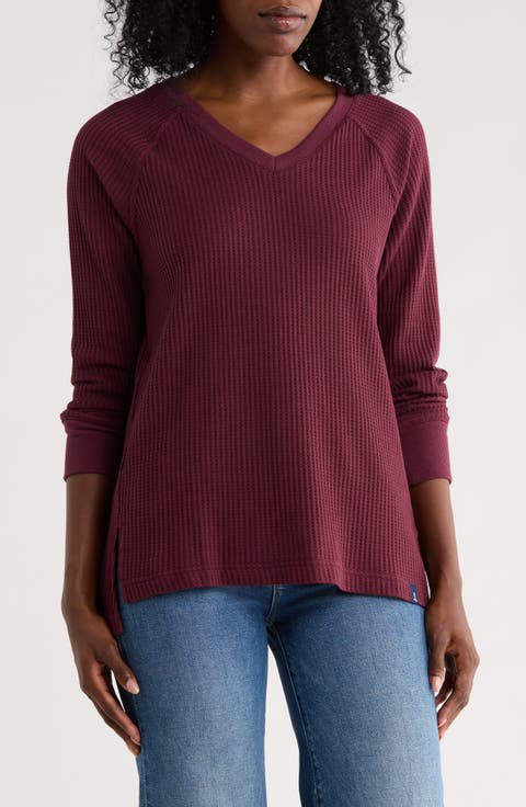 V-Neck Long Sleeve Waffle Knit Top