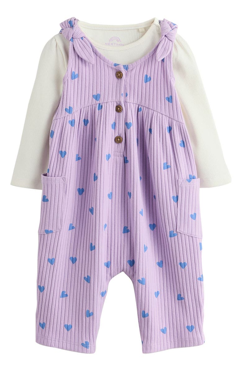 NEXT Long Sleeve Bodysuit & Heart Print Overalls Set, Main, color, Purple